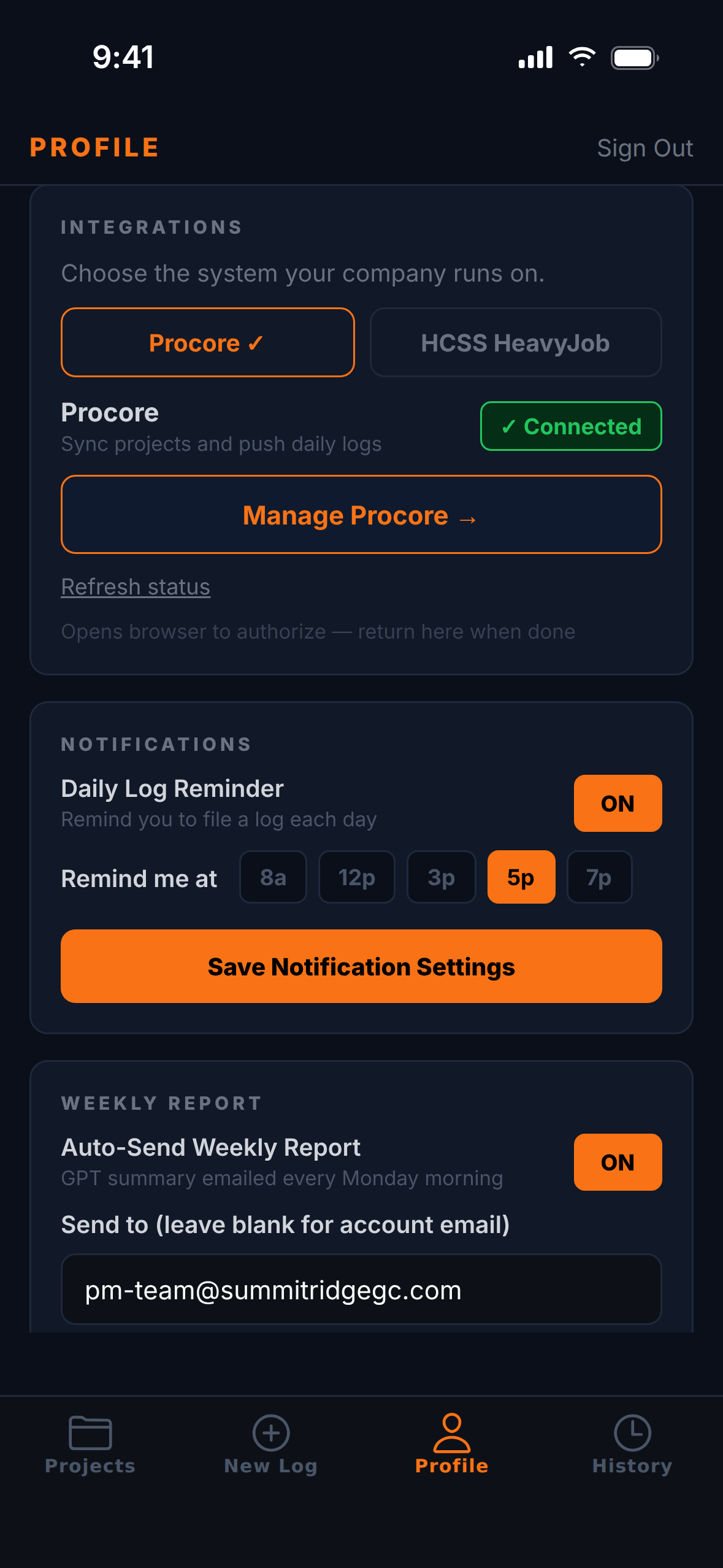 Integrations: Procore or HCSS, connected in a minute